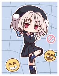 Rule 34 | 1girl, beret, black hat, black shirt, black shoes, black skirt, blue socks, blush, brown hair, cellphone, chibi, closed mouth, emoticon, empty eyes, full body, grey background, grid background, hana kazari, hat, highres, holding, holding phone, long sleeves, looking at viewer, no entry sign, phone, pinstripe pattern, pinstripe shirt, pinstripe skirt, pleated skirt, puffy long sleeves, puffy sleeves, red eyes, road sign, shirt, shoes, sign, skirt, sleeves past wrists, socks, solo, standing, standing on one leg, ui (voisona), voisona
