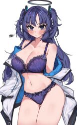 1girl :/ absurdres auraaa blue_archive blue_coat blush bow bow_bra bow_panties bra breasts cleavage closed_mouth coat commentary cowboy_shot gluteal_fold hair_ornament halo highres lace lace-trimmed_bra lace-trimmed_panties lace_trim large_breasts legs_together long_hair looking_at_viewer mechanical_halo navel off_shoulder open_clothes open_coat panties purple_bra purple_eyes purple_hair purple_panties simple_background solo squiggle standing stomach thigh_gap triangle_hair_ornament two-sided_coat two-sided_fabric two_side_up underwear very_long_hair white_background white_coat yuuka_(blue_archive)