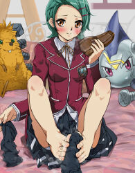 Rule 34 | 1girl, barefoot, blush, brown eyes, erika (yu-gi-oh!), feet, footjob, green hair, highres, jinsai sa sa, loafers, looking at viewer, medium hair, shoes, single shoe, sock on penis, sockjob, socks, steam, toes, unworn shoes, unworn socks, yu-gi-oh!, yu-gi-oh! duel links