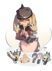 Rule 34 | 1boy, 4girls, alice thymefield, animalization, belle (zenless zone zero), black gloves, black jacket, black shorts, blonde hair, blue hair, blush, caesar king (zenless zone zero), closed eyes, closed mouth, gloves, highres, jacket, luciana de montefio, medium hair, multiple girls, open mouth, red eyes, shorts, solo, twintails, v.a. (vanilla), wise (zenless zone zero), zenless zone zero