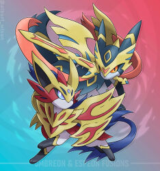 albrt-wlson animal_focus character_name commentary english_commentary english_text espeon fusion gen_2_pokemon gen_8_pokemon highres holding holding_sword holding_weapon legendary_pokemon mouth_hold nintendo no_humans pokemon pokemon_(creature) pokemon_focus sword umbreon weapon zacian zacian_(crowned) zamazenta zamazenta_(crowned)