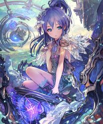 1girl blue_dress blue_skirt boots cape dress gorilla_(mushimushiland) hair_ornament legs looking_at_viewer purple_hair shadowverse shingeki_no_bahamut skirt spinaria_(shingeki_no_bahamut)