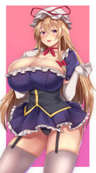 1girl :d blonde_hair blush bonnet breasts cameltoe cleavage dress ebi_193 elbow_gloves garter_straps gloves grey_thighhighs highres huge_breasts long_hair open_mouth purple_dress purple_eyes smile solo teeth thighhighs touhou white_gloves yakumo_yukari
