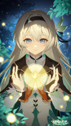 1girl absurdres black_hairband black_jacket bridal_gauntlets bug firefly firefly_(honkai:_star_rail) forest grey_hair hair_between_eyes hair_intakes hairband highres honkai:_star_rail honkai_(series) insect jacket light long_hair long_sleeves nature night outdoors shirt single_bridal_gauntlet smile so_zei_tama_tama solo white_shirt
