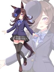Rule 34 | 1girl, animal ears, black thighhighs, blue bow, blue bowtie, blue flower, blue rose, bow, bowtie, flower, full body, hair over one eye, hat, hat flower, highres, hokuyukis, horse ears, horse girl, horse tail, jacket, long hair, long sleeves, looking at viewer, purple eyes, rice shower (umamusume), rose, school uniform, simple background, skirt, solo, tail, thighhighs, umamusume, white background, zettai ryouiki