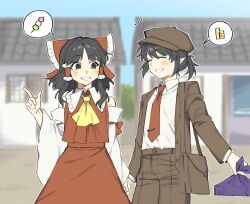 Rule 34 | 2girls, ascot, bag, black eyes, black hair, blush, bow, brown bag, brown hat, brown jacket, brown pants, closed eyes, collared shirt, commentary, dango, dating, detached sleeves, food, frilled bow, frilled hair tubes, frills, grin, hair bow, hair tubes, hakurei reimu, hat, highres, holding bento, holding hands, jacket, long hair, long sleeves, multiple girls, necktie, no wings, official alternate costume, open clothes, open jacket, outdoors, pants, pointy ears, red bow, red necktie, red skirt, sakic43899, sanshoku dango, shameimaru aya, shameimaru aya (newsboy), shirt, short hair, shoulder bag, skewer, skirt, skirt set, smile, tie clip, touhou, wagashi, white shirt, wrapped bento, yellow ascot, yuri