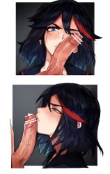 Rule 34 | 1boy, 1girl, annoyed, bad id, bad pixiv id, bar censor, blue eyes, blue hair, blush, censored, erection, facejob, foreskin, head out of frame, hetero, highres, imminent fellatio, kill la kill, lips, matoi ryuuko, multicolored hair, oral, penis, penis on face, phimosis, precum, profile, roropull, short hair, streaked hair, veins, veiny penis