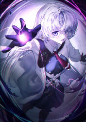 1girl absurdres arcaea black_gloves buttons collared_shirt commentary earrings empty_eyes from_above gloves highres insight_(arcaea) jewelry long_hair long_sleeves looking_at_viewer magic necktie o-ring pleated_skirt purple_eyes red_necktie ribbon shirt skirt solo swept_bangs user_mszt5738 very_long_hair white_hair