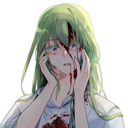 Rule 34 | 1boy, blood, blood from mouth, blood on clothes, blood on face, colored eyelashes, commentary request, constricted pupils, crying, enkidu (fate), fate/grand order, fate (series), green hair, highres, kassia, kingu (fate), korean commentary, male focus, portrait, purple eyes, solo, streaming tears, tears