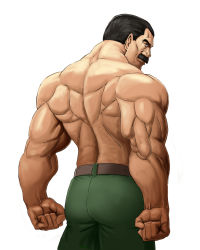 1boy ass back belt black_eyes black_hair capcom clenched_hand cowboy_shot facial_hair final_fight green_pants highres looking_back male_focus mike_haggar muscular mustache old old_man pants simple_background solo taka_(takahirokun) topless_male white_background
