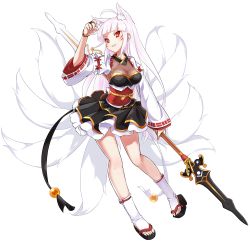 1girl absurdres albino animal_ears ankle_wrap ara_haan ara_haan_(celestial_fox) ara_han black_skirt breasts cleavage clog_sandals corset detached_sleeves elsword eun_(elsword) female_focus fox_ears fox_tail full_body grin highres holding_behind_back holding_polearm holding_polearm_behind_back holding_weapon holding_weapon_behind_back little_specter_(elsword) long_hair medium_breasts multiple_tails official_art okobo platform_sandals polearm red_eyes sandals sando_(dukedevil) skirt smile solo spear tail transparent_background very_long_hair weapon white_hair