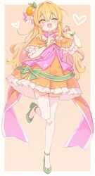1girl ;3 blonde_hair blush border bow brown_background commentary commission crossed_bangs dress dress_bow fang floral_print food-themed_hair_ornament frilled_dress frills full_body green_bow green_shoes hair_between_eyes hair_bow hair_intakes hair_ornament hands_up heart heart_background heart_print highres jigatei_(omijin) long_hair looking_at_viewer one_eye_closed open_mouth orange_hair_ornament original outside_border print_dress shoes short_dress skeb_commission skin_fang smile solo standing standing_on_one_leg thighhighs white_border white_thighhighs yellow_dress yellow_eyes