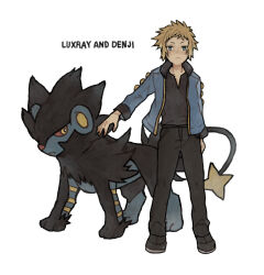 Rule 34 | 1boy, absurdres, black pants, black shoes, blonde hair, blue jacket, character name, closed mouth, commentary request, expressionless, gen 4 pokemon, highres, ichi kawa ichi, jacket, long sleeves, luxray, male focus, nintendo, open clothes, open jacket, pants, pokemon, pokemon (creature), pokemon dppt, shirt, shoes, short hair, standing, volkner (pokemon), white background