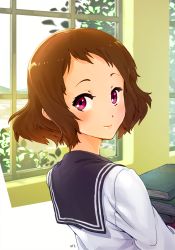 10s 1girl blush book book_stack brown_hair female_focus from_behind holding holding_book hyouka ibara_mayaka kamiyama_high_school_uniform_(hyouka) looking_at_viewer looking_back orz_(orz57) purple_eyes school_uniform serafuku short_hair smile solo