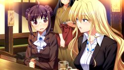 3girls ahoge alcohol apron apron_hold ascot beer beer_mug black_hair black_jacket blonde_hair blue_brooch blue_eyes breasts brown_hair brown_jacket brown_kimono closed_mouth collared_shirt cup double_bun elbow_rest fumio_(ura_fmo) game_cg glasses grisaia_(series) grisaia_no_rakuen hair_between_eyes hair_bun harudera_yuria holding holding_cup holding_tray indoors jacket japanese_clothes jewelry kimono large_breasts large_variant_set long_hair long_sleeves looking_at_another mole mole_under_eye mug multiple_girls necklace non-web_source official_art on_chair open_mouth red_apron red_eyes shirt short_hair_with_long_locks sidelocks sitting smile suit_jacket tachibana_chizuru_(grisaia) tray variant_set waist_apron wavy_hair white_ascot white_shirt wooden_chair zoey_graham