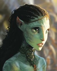 avatar_(2009_movie) black_hair character_request curly_hair dreadlocks facial_tattoo green_eyes highres james_cameron&#039;s_avatar light_particles long_hair neck_tattoo no_shirt open_mouth pointy_ears portrait sam_yang sparkling_eyes sunlight tattoo wide-eyed
