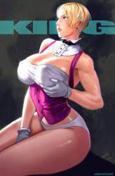 1girl ass blonde_hair blue_eyes bow bowtie breasts cleavage covered_erect_nipples curvy earrings female_focus formal_clothes gloves grabbing_own_breast hands_on_own_chest huge_ass huge_breasts jewelry king_(snk) large_breasts lejeanx3 nipples pale_skin panties rejean_dubois shiny_skin shirt short_hair sitting sleeveless the_king_of_fighters thick_thighs thighs tight_clothes toned toned_female underwear white_panties white_shirt wide_hips