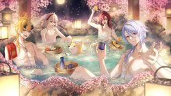 Rule 34 | 4boys, ahoge, blonde hair, blue hair, cherry blossoms, commentary, cup, dango, english commentary, falling petals, food, full moon, genshin impact, green eyes, hair between eyes, highres, holding, holding cup, holding food, jewelry, kaedehara kazuha, kamisato ayato, kawausoman, long hair, male focus, moon, multicolored hair, multiple boys, necklace, night, official art, onsen, outdoors, outstretched arm, parted lips, partially submerged, petals, red hair, sanshoku dango, shikanoin heizou, sitting, streaked hair, taroumaru (genshin impact), teeth, thoma (genshin impact), topless male, upper teeth only, very long hair, wagashi, white day, white hair