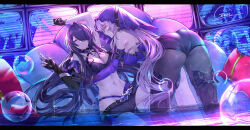 2girls absurdres acheron_(honkai:_star_rail) armpit_crease arms_up ass bare_shoulders belt black_belt black_choker black_footwear black_gloves black_shirt black_shorts black_swan_(honkai:_star_rail) boots breasts bubble chain chain_around_arm choker closed_mouth commentary_request criss-cross_halter crop_top detached_sleeves dress elbow_gloves eyes_visible_through_hair geez gloves hair_over_one_eye halterneck highres honkai:_star_rail honkai_(series) indoors large_breasts letterboxed light_smile long_hair looking_at_another multiple_girls navel no_coat orange_eyes pantyhose pantyhose_under_shorts pantylines partial_commentary partially_submerged purple_dress purple_eyes purple_hair purple_sleeves purple_veil shirt shorts signature single_elbow_glove stomach television thigh_boots veil very_long_hair wet yuri