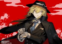 Rule 34 | 1girl, alternate costume, black coat, black hat, black jacket, black suit, blonde hair, blue necktie, bow, braid, buttons, coat, collared shirt, commentary request, copyright notice, double-breasted, dress shirt, fedora, formal clothes, fuuga (perv rsity), gloves, hair between eyes, hair bow, hat, highres, jacket, kirisame marisa, long hair, long sleeves, necktie, putting on gloves, red background, shirt, side braid, sideways glance, single braid, solo, suit, touhou, touhou danmaku kagura, upper body, white bow, white gloves, white shirt, yellow eyes