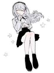 1girl black_hairband black_ribbon black_shoes closed_eyes closed_mouth full_body furifurifurill hairband highres invisible_chair jacket kashimiya_karua lapels long_hair long_sleeves miniskirt neck_ribbon notched_lapels open_clothes open_jacket ribbon shirt shoes simple_background sitting skirt smile socks solo star_(symbol) the_hundred_line_-last_defense_academy- white_background white_hair white_jacket white_shirt white_skirt white_socks