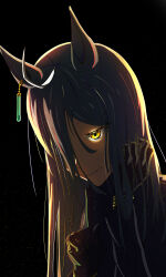 Rule 34 | 1girl, 3year etarou, absurdres, ahoge, animal ears, black background, black gloves, black hair, ear tag, earrings, finger to mouth, gloves, hair over one eye, hand in own hair, hand up, highres, horse ears, horse girl, index finger raised, jewelry, long hair, long sleeves, manhattan cafe (umamusume), multicolored hair, parted lips, shaded face, shushing, simple background, single earring, smile, solo, umamusume, very long hair, white hair, yellow eyes