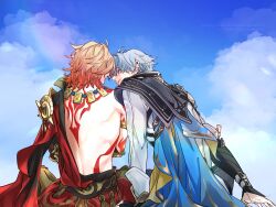 2boys antenna_hair arm_tattoo armlet armor back_tattoo black_gloves black_shirt blonde_hair blue_cape blue_sky braid cape chabo_(tomori0925) closed_eyes coat commentary fingerless_gloves from_behind gloves gold_necklace gradient_hair hair_between_eyes highres honkai:_star_rail honkai_(series) jewelry leaning_on_person male_focus medium_hair multicolored_hair multiple_boys mydei_(honkai:_star_rail) necklace pauldrons phainon_(honkai:_star_rail) red_cape red_hair red_tattoo shirt short_hair shoulder_armor side_braid side_cape single_glove single_pauldron sitting sky symbol-only_commentary tattoo white_coat white_hair yaoi
