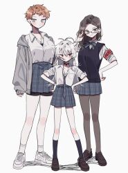 3girls adjusting_eyewear ahoge aohitsugi_samatoki armband asymmetrical_bangs bike_shorts_under_skirt black_socks black_sweater_vest blush breasts brown_hair busujima_rio_mason cigarette collarbone collared_shirt dog_tags dress expressionless finger_to_eyewear flat_chest genderswap genderswap_(mtf) glasses green_eyes grey_dress grey_eyes grey_jacket hand_on_own_hip hands_on_own_hips height_difference highres hood hooded_jacket hypnosis_mic iruma_jyuto jacket large_breasts loafers long_hair long_sleeves looking_at_viewer miniskirt multiple_girls neck_ribbon necktie open_clothes open_jacket orange_hair pantyhose parted_hair patzzi pendant_choker plaid_clothes plaid_necktie plaid_ribbon plaid_skirt pleated_skirt rectangular_eyewear red_armband red_eyes ribbon school_uniform semi-rimless_eyewear shirt shoes short_hair skirt sleeves_past_wrists sleeves_rolled_up small_breasts smile sneakers socks standing sweater_vest v-shaped_eyebrows white_background white_footwear white_hair white_shirt white_sneakers