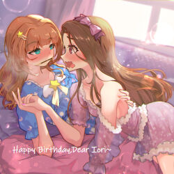 absurdres blue_pajamas blush bow brown_hair character_name commentary english_commentary eye_contact food hair_bow happy_birthday highres holding holding_food holding_pocky idolmaster idolmaster_million_live! indoors long_hair looking_at_another minase_iori mouth_hold orange_hair pajamas pocky purple_bow purple_pajamas single_bare_shoulder sleepwear straight_hair takatsuki_yayoi very_long_hair wavy_mouth xinyi2266 yuri