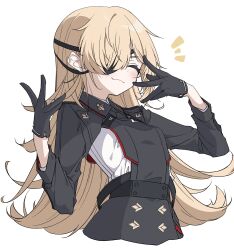 black_dress black_gloves blonde_hair breasts closed_eyes dress eyepatch gloves goddess_of_victory:_nikke guillotine_(nikke) highres long_hair military_uniform simple_background small_breasts tu_pa_pa_pa wavy_hair white_background