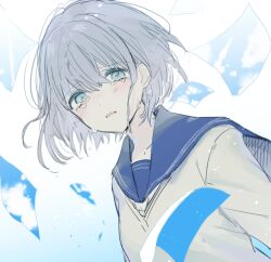1girl blue_eyes blue_sailor_collar blush commentary_request earrings falling_paper grey_hair idolmaster idolmaster_shiny_colors jewelry looking_at_viewer open_mouth sailor_collar school_uniform serafuku serizawa_asahi short_hair shotan solo tears upper_body white_serafuku