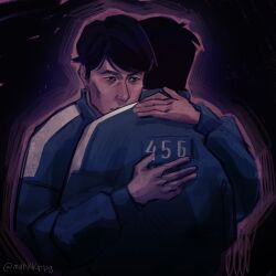 Rule 34 | 2boys, bags under eyes, black background, black eyes, black hair, blue jumpsuit, clothes writing, commentary, dark, english commentary, glowing, hands on another&#039;s back, highres, hug, hwang in-ho, implied yaoi, jumpsuit, limited palette, male focus, markkrpg, multiple boys, outline, print jumpsuit, purple outline, red pupils, seong gi-hun, short hair, simple background, squid game, striped clothes, sunken cheeks, upper body