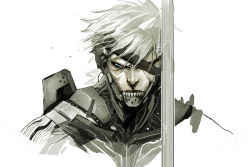 1boy blue_eyes cyborg dexter_soy eyepatch male_focus metal_gear_(series) metal_gear_rising:_revengeance raiden_(metal_gear) solo sword upper_body weapon white_hair