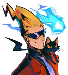 Rule 34 | 1boy, animal, animal on shoulder, black cat, blonde hair, cat, cat on shoulder, colored sclera, formal clothes, ghost trick, highres, hitodama, necktie, red eyes, red suit, sinlizards, sissel (ghost trick), smile, smirk, suit, sunglasses, upper body, white background, yellow sclera, yomiel