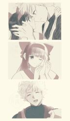 1boy 1girl 3koma ainu_clothes black_hair blonde_hair blush breasts closed_eyes comic galford_d_weller gloves grey_eyes hair_ribbon hand_on_another&#039;s_face hands_on_another&#039;s_face hands_on_another&#039;s_shoulders happy height_difference highres holding_hands hug imminent_kiss japanese_clothes long_hair looking_at_another nakoruru ninja one_eye_closed open_mouth parted_lips pov purple_eyes ribbon samurai_spirits short_hair smile snk surprised teeth tongue