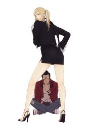 1boy 1girl black_hair black_jacket blonde_hair cat commentary denim from_behind hand_on_own_hip hanpetos high_heels indian_style jacket jeane_(cat) jeans looking_back miniskirt no_more_heroes pants parted_lips pencil_skirt ponytail red_jacket shoes sitting skirt sneakers sunglasses sylvia_christel travis_touchdown