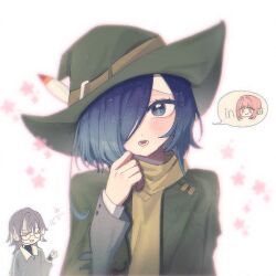 Rule 34 | 3girls, blue eyes, blue hair, blush, body switch, cape, chi kan100, commentary request, glasses, green cape, green hat, grey hair, hair over one eye, hanazono hakari, hat, hat feather, hifumi suu, kimi no koto ga dai dai dai dai daisuki na 100-nin no kanojo, korean commentary, long sleeves, looking at viewer, multiple girls, nakaji uto, one eye covered, open mouth, personality switch, pink hair, scarf, short hair, simple background, solo focus, straight-on, white background, yellow scarf