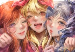 3girls absurdres aikatsu! aikatsu!_(series) blonde_hair blue_eyes blue_hair blush close-up eyelashes hair_between_eyes highres hoshimiya_ichigo kiriya_aoi looking_at_viewer min31_0 multiple_girls one_eye_closed open_mouth orange_hair pink_lips purple_eyes red_eyes shibuki_ran simple_background smile soleil_(aikatsu!) swept_bangs white_background