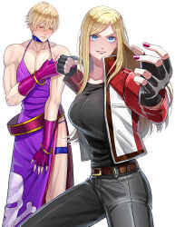 1boy 1girl aosa_(jmzg2528) b._jenet b._jenet_(cosplay) bangle bare_shoulders belt blonde_hair blue_eyes blush bracelet breasts choker cleavage cosplay costume_switch crossdressing dress fatal_fury fatal_fury:_city_of_the_wolves fingerless_gloves gloves highres jacket jewelry jolly_roger large_breasts long_hair looking_at_viewer loose_belt pants pirate purple_choker purple_dress red_gloves red_jacket rock_howard rock_howard_(cosplay) shirt short_hair skull_and_crossbones skull_print smile snk thigh_strap underwear