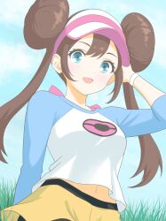 1girl :d absurdres blue_eyes brown_hair cloud day double_bun eyelashes grass hair_bun hand_up highres long_hair majikichi915 midriff_peek nintendo open_mouth outdoors pantyhose pokemon pokemon_bw2 raglan_sleeves rosa_(pokemon) shirt shorts sky smile solo twintails visor_cap yellow_shorts