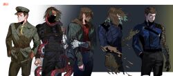 Rule 34 | 1boy, absurdres, aqua hair, arm support, artist name, avengers: infinity war, avengers (series), black background, black bodysuit, black gloves, black mask, black pants, blood, blood on clothes, blue eyes, blue jacket, blue pants, bodysuit, border, breast pocket, brown hair, bucky barnes, buttons, captain america: civil war, captain america: the first avenger, captain america: the winter soldier, captain america (series), clenched hands, closed mouth, collared shirt, colored inner hair, covered mouth, cowboy shot, denim, evolution, facial hair, fingerless gloves, floating hair, gloves, gradient background, green hat, green jacket, green necktie, green pants, green shirt, hand in pocket, hands in pockets, hat, highres, hood, hooded jacket, injury, jacket, karmaho, lapels, long sleeves, looking at viewer, looking to the side, marvel, marvel cinematic universe, mask, military hat, military jacket, military uniform, mouth mask, multicolored hair, multiple views, necktie, open clothes, open jacket, outside border, pants, pocket, prosthesis, prosthetic arm, red shirt, shirt, short hair, single glove, smile, standing, teeth, tentacles, the falcon and the winter soldier, white background, white border, winter soldier