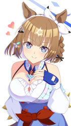 1girl almond_eye_(umamusume) alternate_hair_length alternate_hairstyle animal_ears blue_eyes blush braid breasts brown_hair chest_jewel cleavage closed_mouth collarbone commentary_request detached_sleeves fingerless_gloves gloves hair_between_eyes hair_ornament heart highres horse_ears horse_girl medium_breasts short_hair smile solo umamusume white_background yo-ha