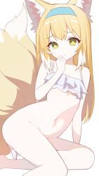 1girl animal_ears arknights bikini bikini_top_only blonde_hair blue_hairband bottomless breasts bright_pupils chinese_commentary commentary green_eyes hairband hand_on_own_chin highres loli long_hair looking_at_viewer multicolored_hair multiple_tails navel parted_lips simple_background sitting small_breasts solo split_mouth streaked_hair suzuran_(arknights) swimsuit tail white_background white_bikini white_hair white_pupils yellow_tail zhishi_hanbao_bao