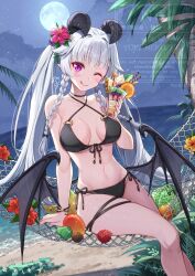1girl ;q banana bare_shoulders bikini black_bikini braid breasts cantaloupe closed_mouth cloud collarbone commentary_request criss-cross_halter demon_girl demon_horns demon_wings english_text feet_out_of_frame flower food food_request fruit full_moon grey_hair grey_wings groin halterneck hammock highres horizon horns low_wings medium_breasts melon moon navel nekozuki_yuki night night_sky o-ring o-ring_bikini o-ring_top ocean one_eye_closed original outdoors red_flower side-tie_bikini_bottom sitting sky smile solo star_(sky) starry_sky swimsuit tongue tongue_out twintails water watermark wings yellow_flower