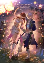 1boy 1girl absurdres alphinaud_leveilleur blue_coat blue_eyes boots braid character_request closed_eyes coat commentary commission dancing english_text final_fantasy final_fantasy_xiv full_body grin highres long_hair open_mouth pointy_ears re_kio red_hair shoes shorts smile teeth upper_teeth_only vgen_commission white_boots white_hair white_shoes white_shorts