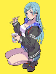 1girl absurdres alternate_costume blue_eyes blue_hair blunt_bangs blush breasts chopsticks cleavage closed_mouth commentary_request cup denim denim_shorts eating food food_in_mouth full_body highres holding holding_chopsticks holding_cup holding_food jacket jujutsu_kaisen light_blue_hair long_hair looking_at_viewer medium_breasts miwa_kasumi nissin_cup_noodle shirt shoes shorts simple_background solo squatting straight_hair white_shirt yamashita_shun&#039;ya yellow_background