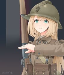1girl absurdres ammunition_pouch aqua_eyes arm_up artist_name belt blonde_hair bolt_action brown_belt brown_jacket brown_shirt closed_mouth combat_helmet commentary flag_background france french_army french_flag green_hat gun hair_between_eyes hat helmet highres holding jacket leochan1202 long_hair long_sleeves mas-36 military military_combat_uniform military_uniform original pouch rifle salute shirt smile soldier solo upper_body weapon world_war_ii
