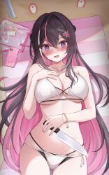 Rule 34 | 1girl, 7nopi, absurdres, azki (hololive), bag, bare shoulders, beach towel, bikini, black bikini, blush, bottle, bracelet, braid, breasts, brown hair, cellphone, cleavage, collarbone, colored inner hair, fingernails, hair intakes, halterneck, highres, holding, holding knife, hololive, jewelry, knife, large breasts, long hair, looking at viewer, lying, multicolored hair, nail polish, navel, on back, open mouth, phone, pink eyes, pink hair, pink nails, sand, shaded face, side-tie bikini bottom, smartphone, smile, solo, stomach, streaked hair, string bikini, sweat, swimsuit, thighs, towel, virtual youtuber, white bikini, white hair, wide-eyed