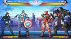 4boys animification arc_reactor armor armored_bodysuit avengers_(series) belt black_bodysuit blue_bodysuit blue_eyes bodysuit brown_hair bucky_barnes captain_america captain_america:_civil_war captain_america:_the_winter_soldier captain_america_(series) closed_mouth commentary cyborg fingerless_gloves full_armor gloves grey_armor helmet highres holding holding_shield iron_man iron_man_(series) jacket james_rhodes long_sleeves male_focus marvel marvel_cinematic_universe mask mechanical_arms multiple_boys pants power_armor prosthesis prosthetic_arm red_armor shamserg shield shirt short_hair single_mechanical_arm star_(symbol) steve_rogers striped_bodysuit superhero_costume tony_stark war_machine weapon winter_soldier