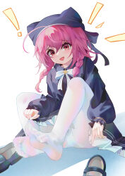 ! 1girl :d absurdres animal_hat bow bowtie braid feet hamartia_(yi_shijie_chaoji_zhanzheng) hat highres legs looking_at_viewer medium_hair no_shoes open_mouth panties panties_under_pantyhose pantyhose pink_eyes pink_hair rh_huinai shadow shoes simple_background sitting smile soles toes twin_braids underwear unworn_shoes white_panties white_pantyhose